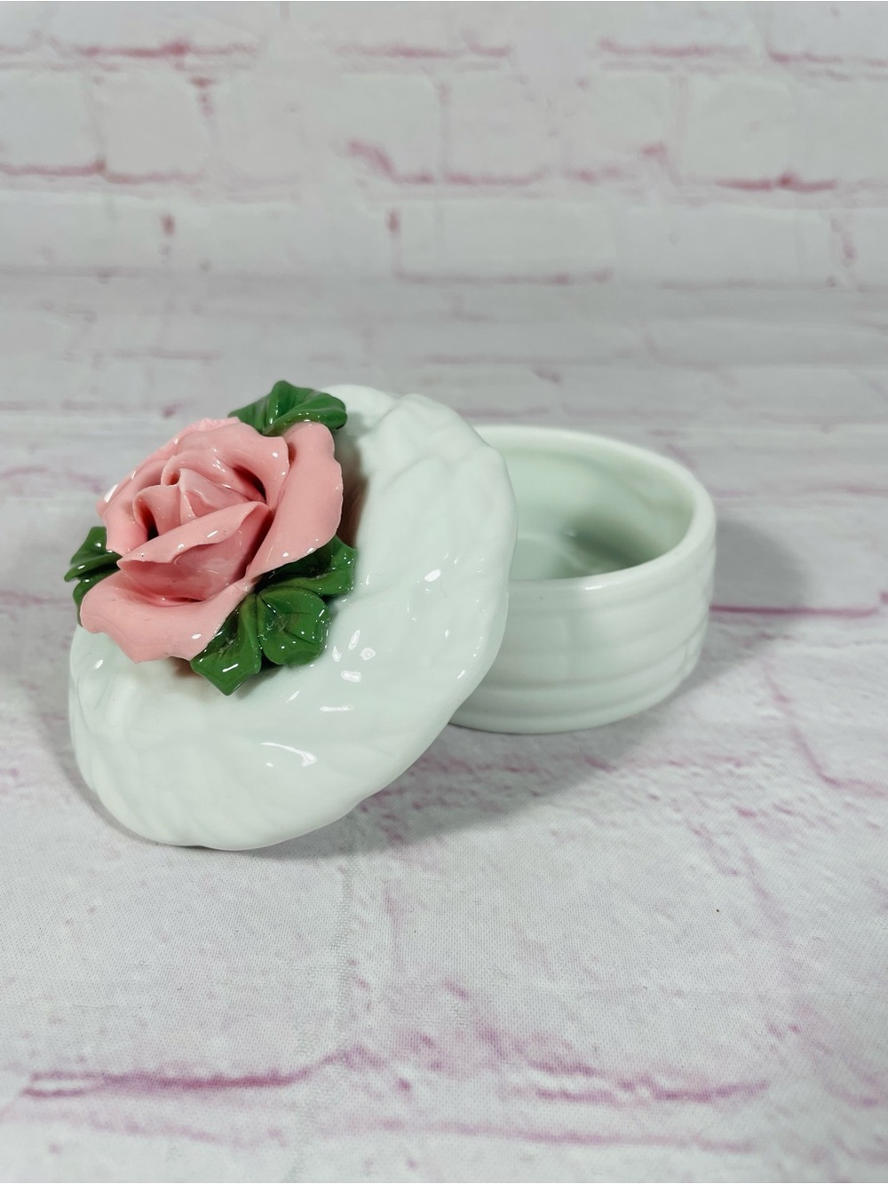Vintage White Porcelain Trinket Box with Pink Rose Flower Floral Cover